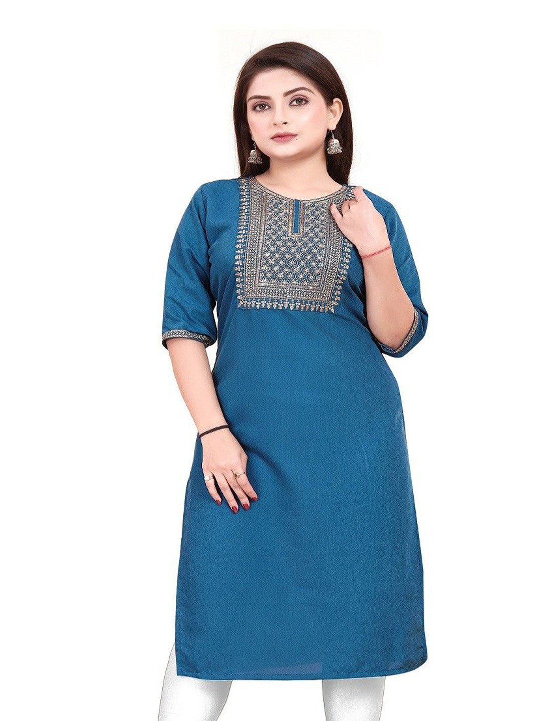 

AKK ENTERPRISE Geometric Yoke Design Straight Kurta, Navy blue