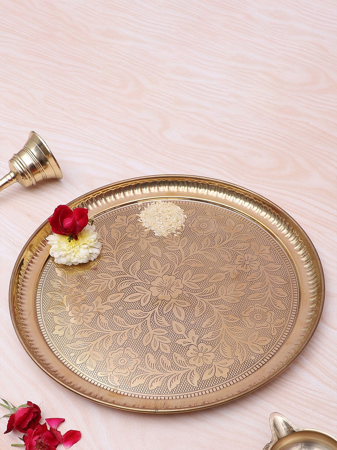 

Two Moustaches Flowers Carved Pooja Thali, Gold