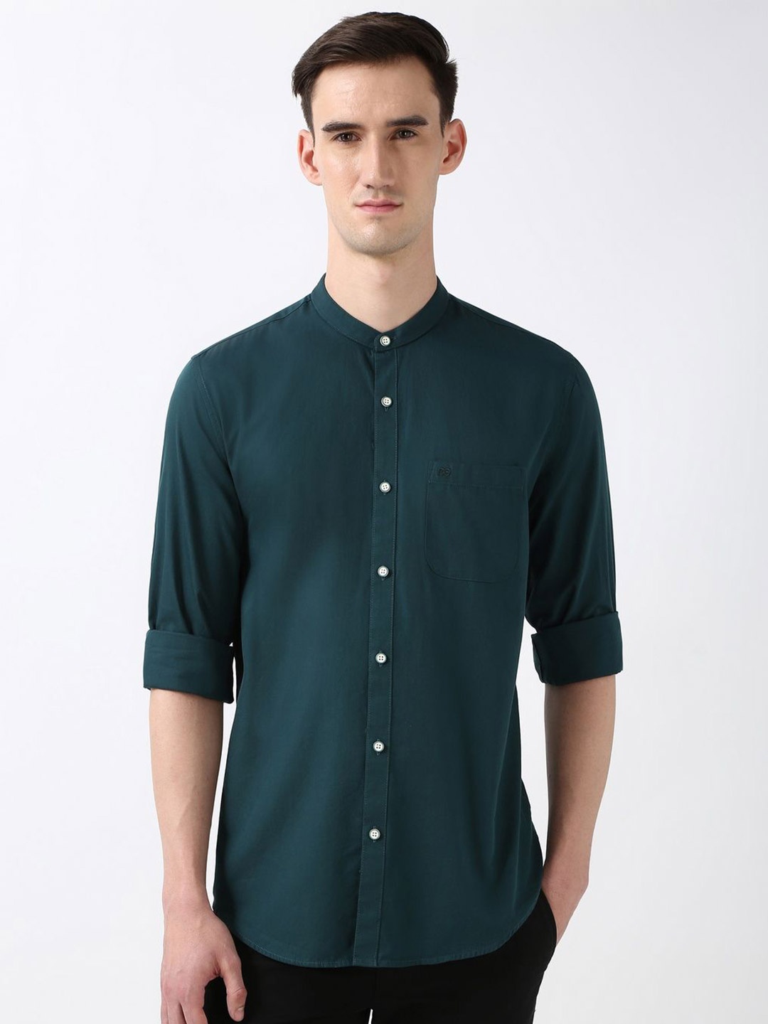 

Peter England Casuals Men Band Collar Solid Cotton Slim Fit Casual Shirt, Green