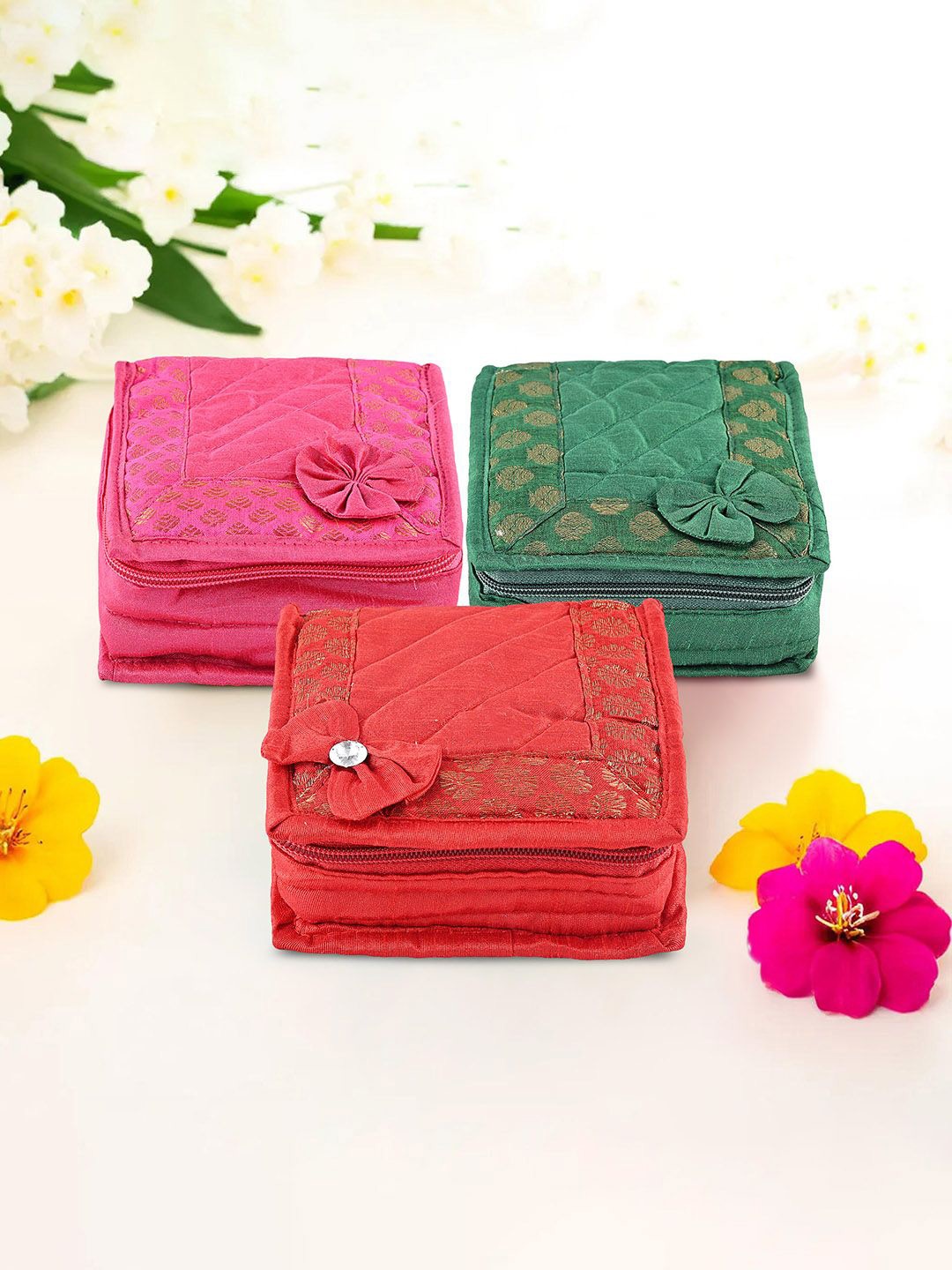 

Kuber Industries Pink & Green 3 Pieces Floral Self Design Jewellery Organisers