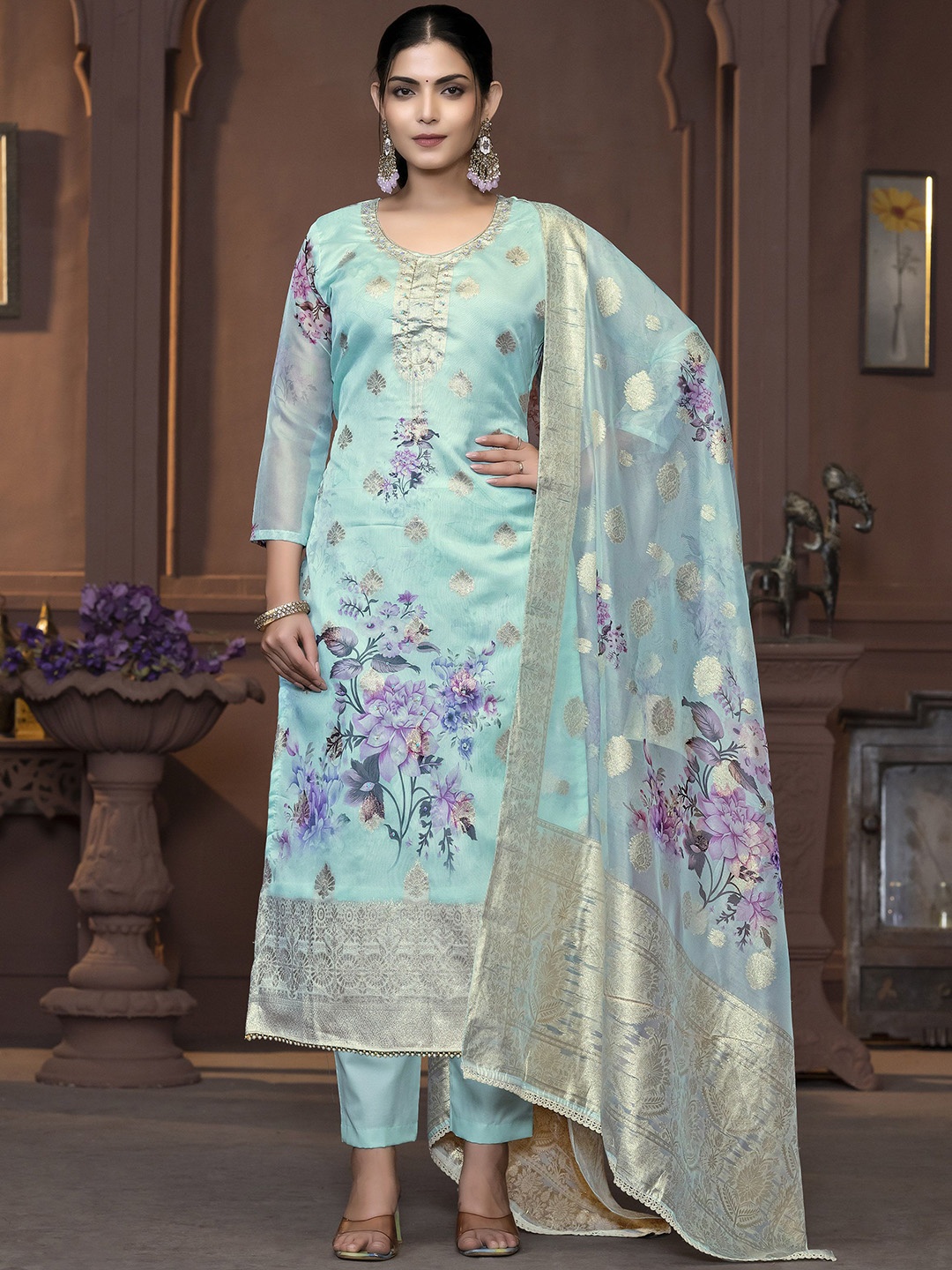 

Maroosh Floral Woven Design Zari Unstitched Dress Material, Sea green