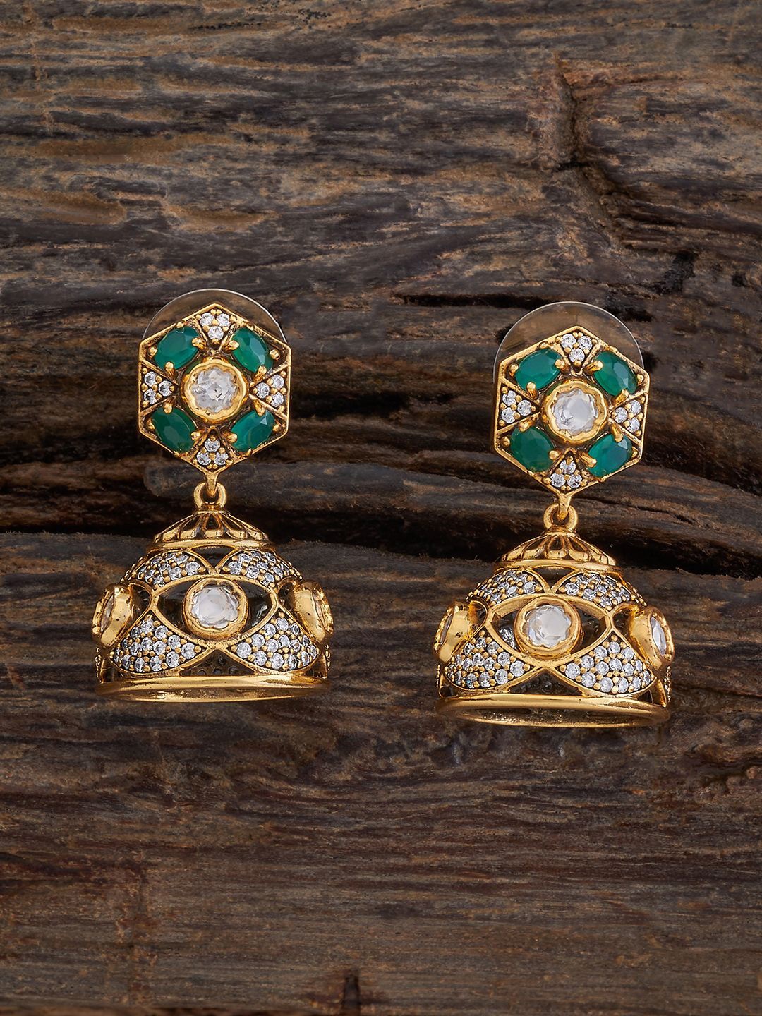 

Kushal's Fashion Jewellery Kundan Studded Dome Shaped Jhumkas, Green