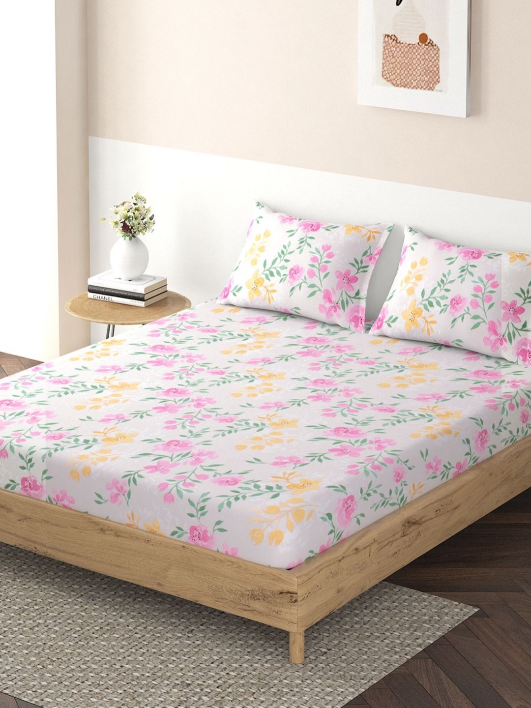 

HOKIPO Beige & Pink Floral 130 TC Queen Bedsheet with 2 Pillow Covers