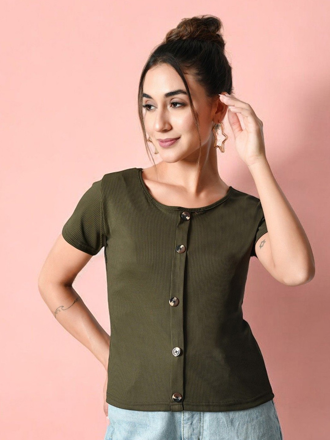 

BAESD Women Solid Scoop Neck Top, Green