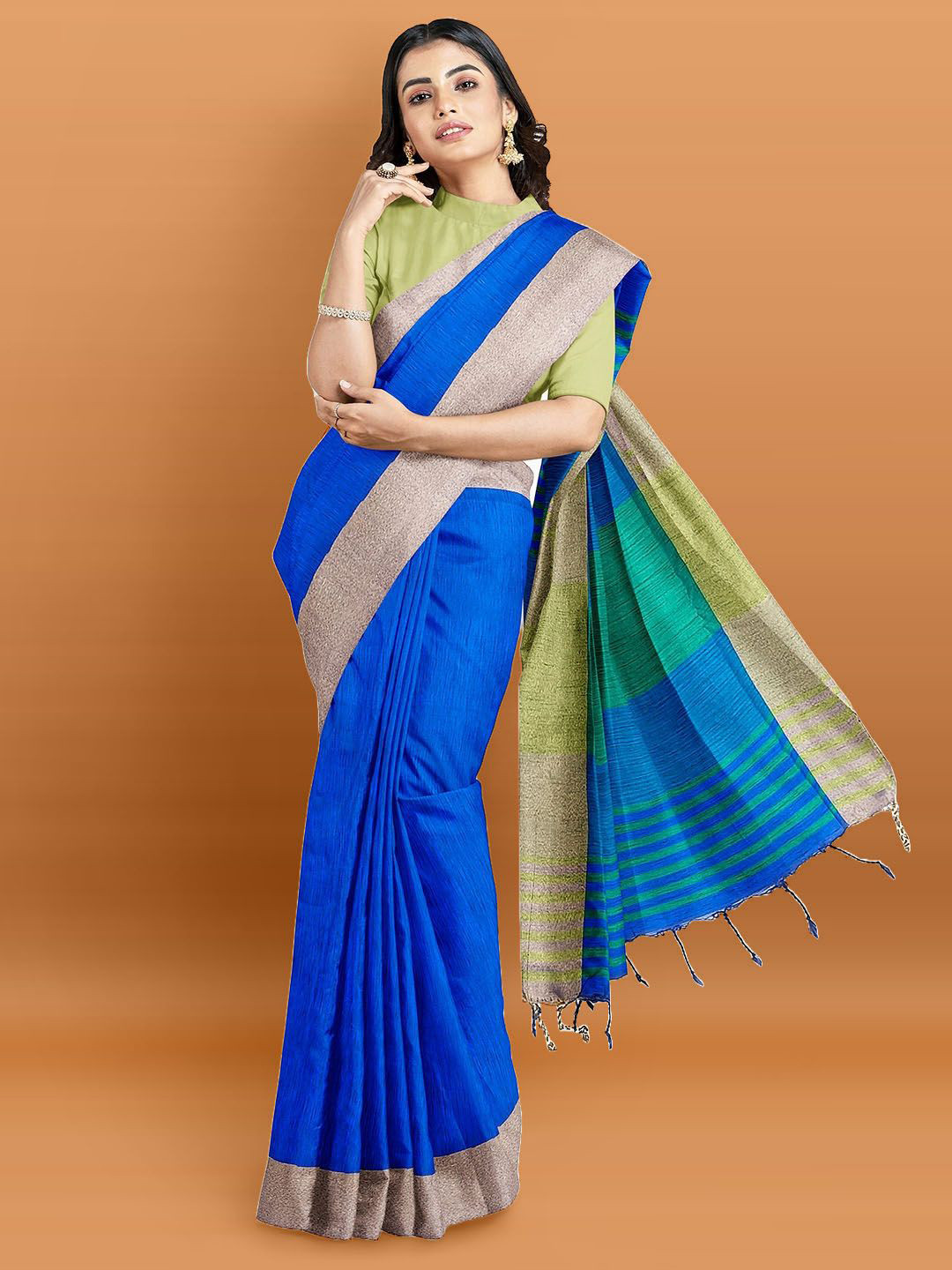 

Meena Bazaar Solid Zari Saree With Blouse Piece, Blue