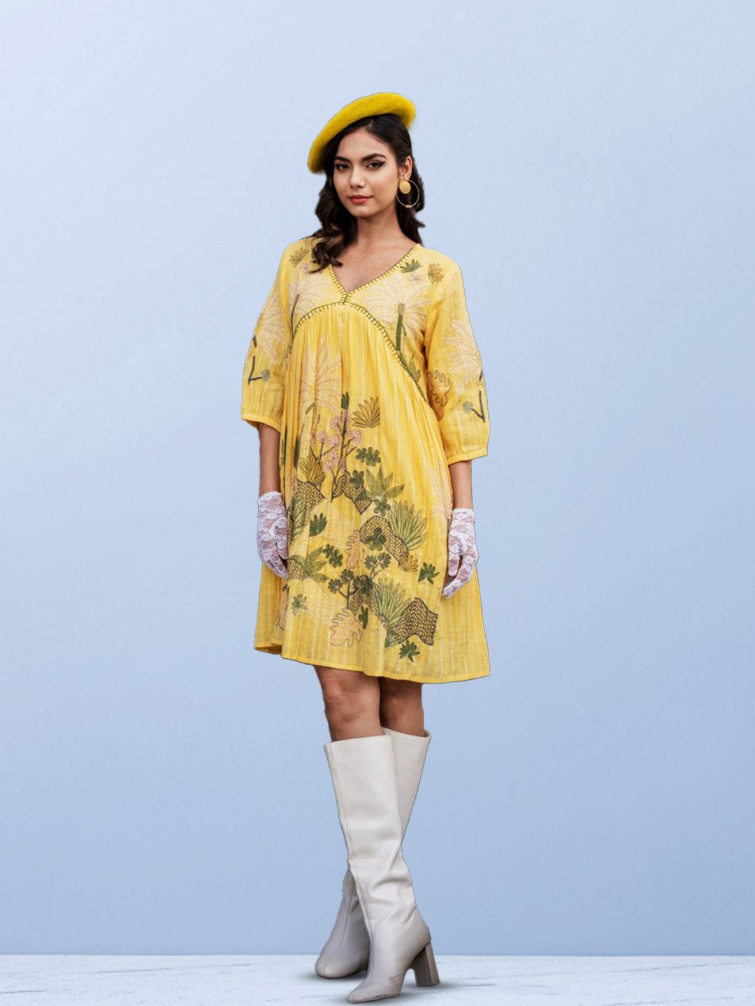 

CUSTARD Printed Puff Sleeve A-Line Cotton Dress, Yellow