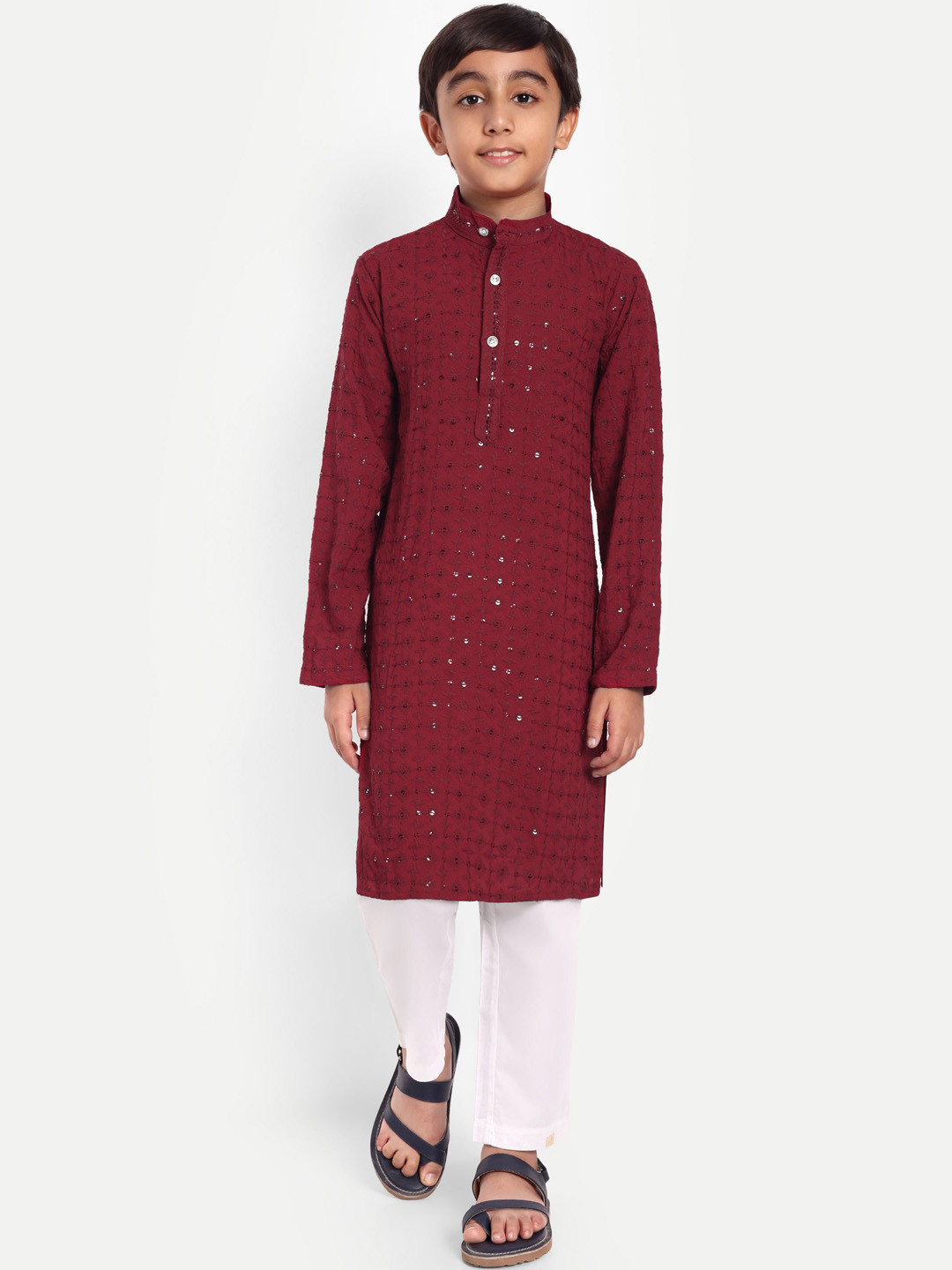 

FEBVIBE Boys Floral Embroidered Regular Pure Cotton Kurta with Pyjamas, Red