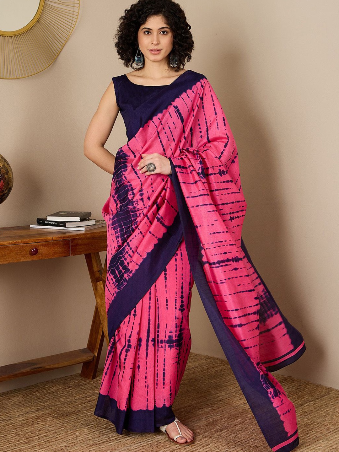 

Mitera Tie and Dye Ready to Wear Block Print Saree, Pink