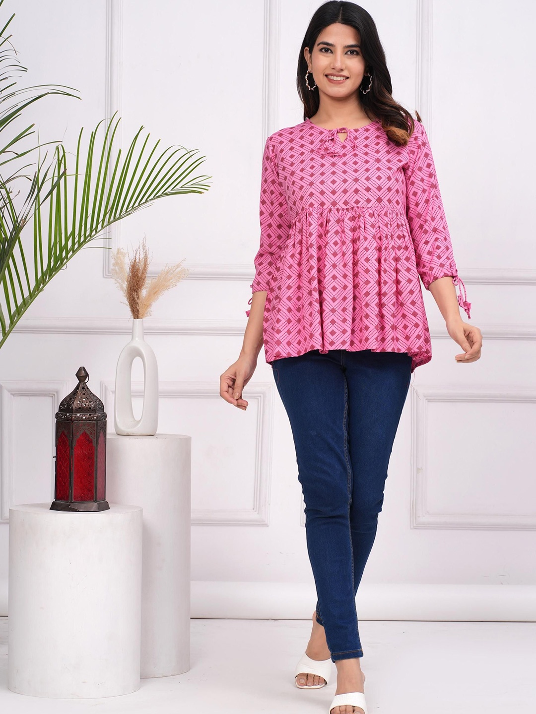 

ANTU KURTIES Women Abstract Printed Tie-Up Neck Cotton Top, Pink