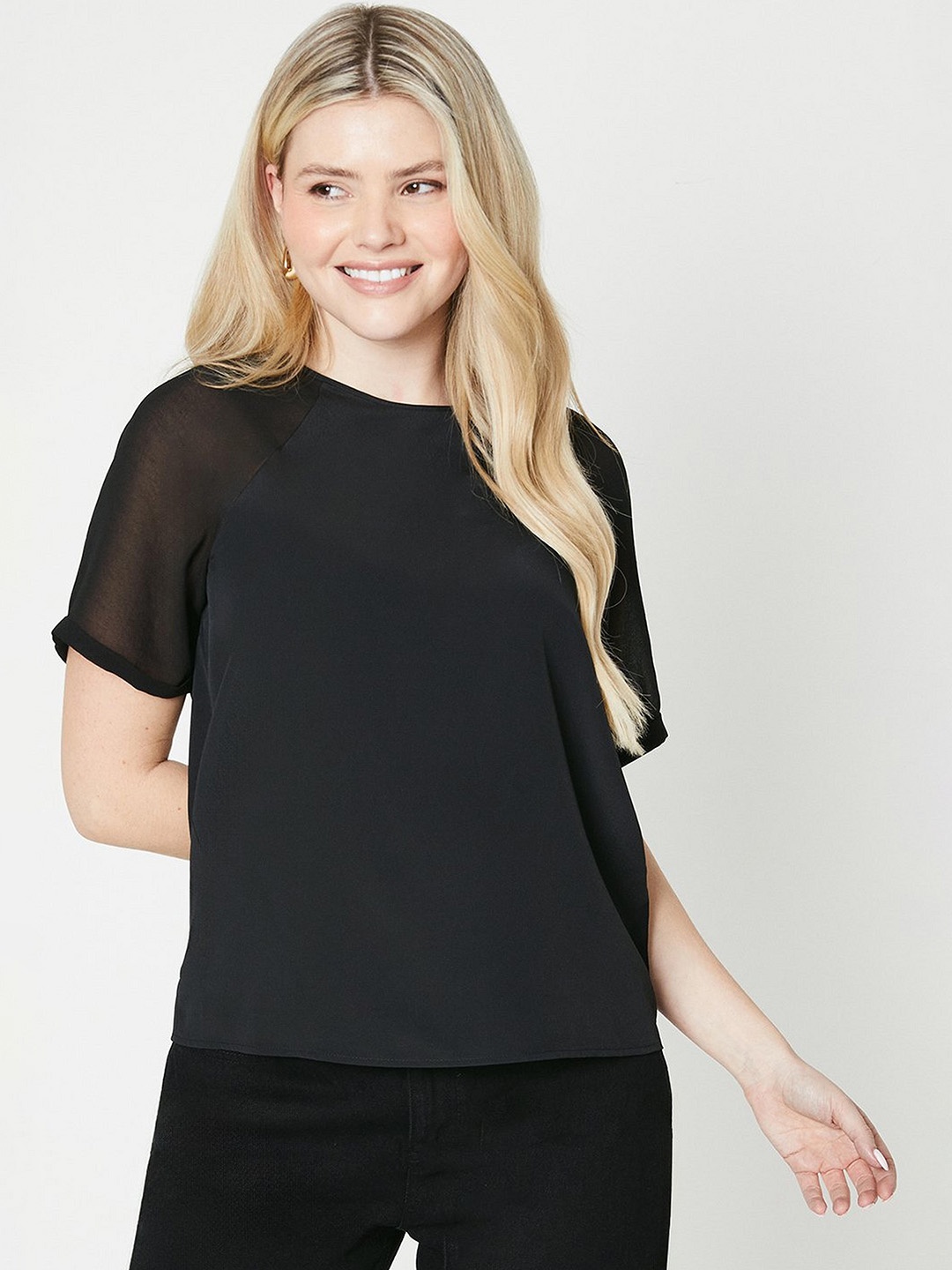 

DOROTHY PERKINS Sheer Roll Sleeves Top, Black