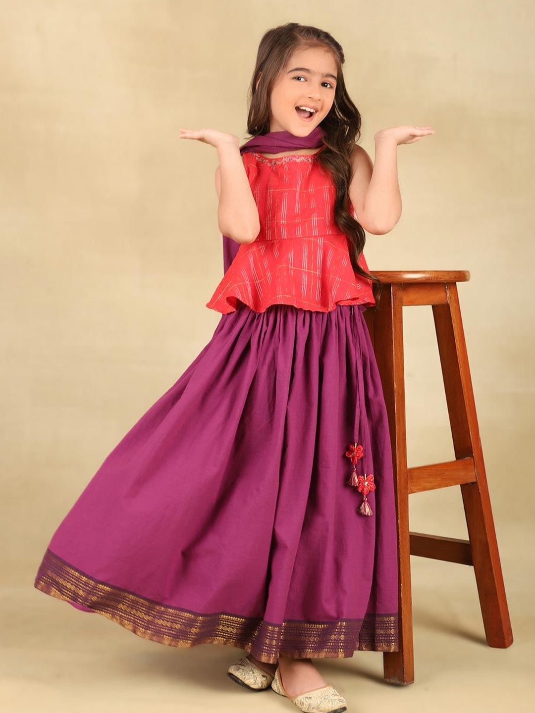 

Fabindia Girls Woven Design Ready to Wear Lehenga & Blouse With Dupatta, Purple