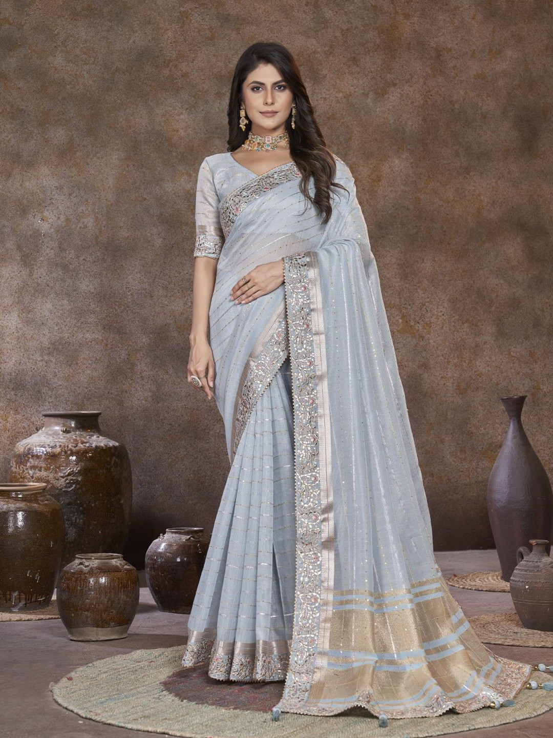 

Mitera Striped Sequinned Embellished Saree, Blue