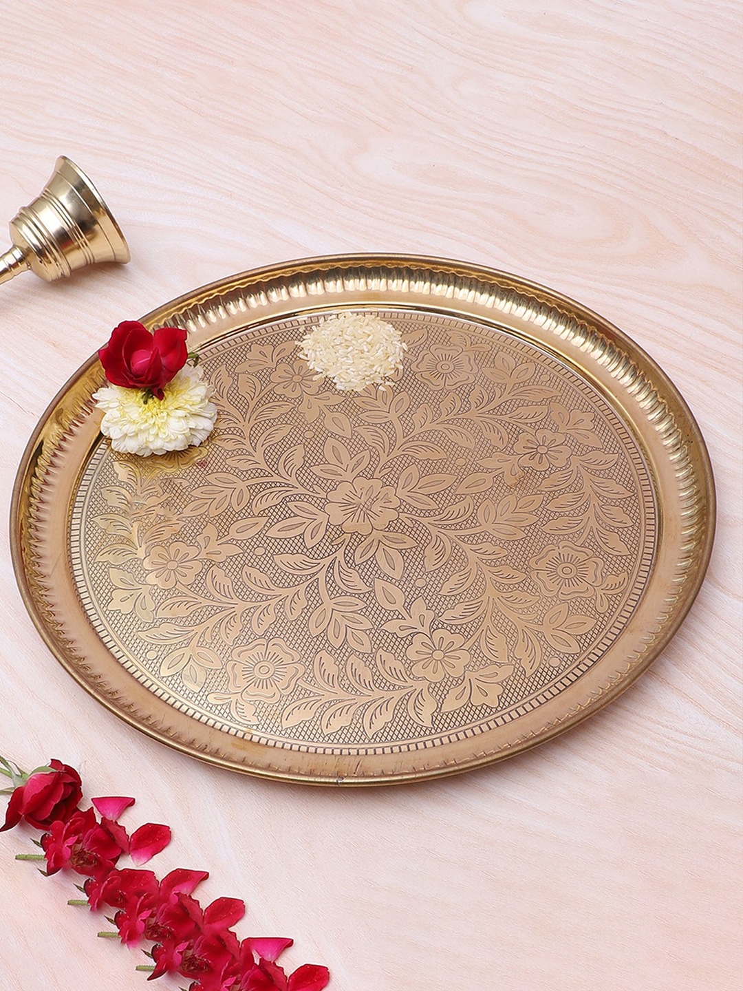 

Two Moustaches Flowers Carved Pooja Thali, Gold