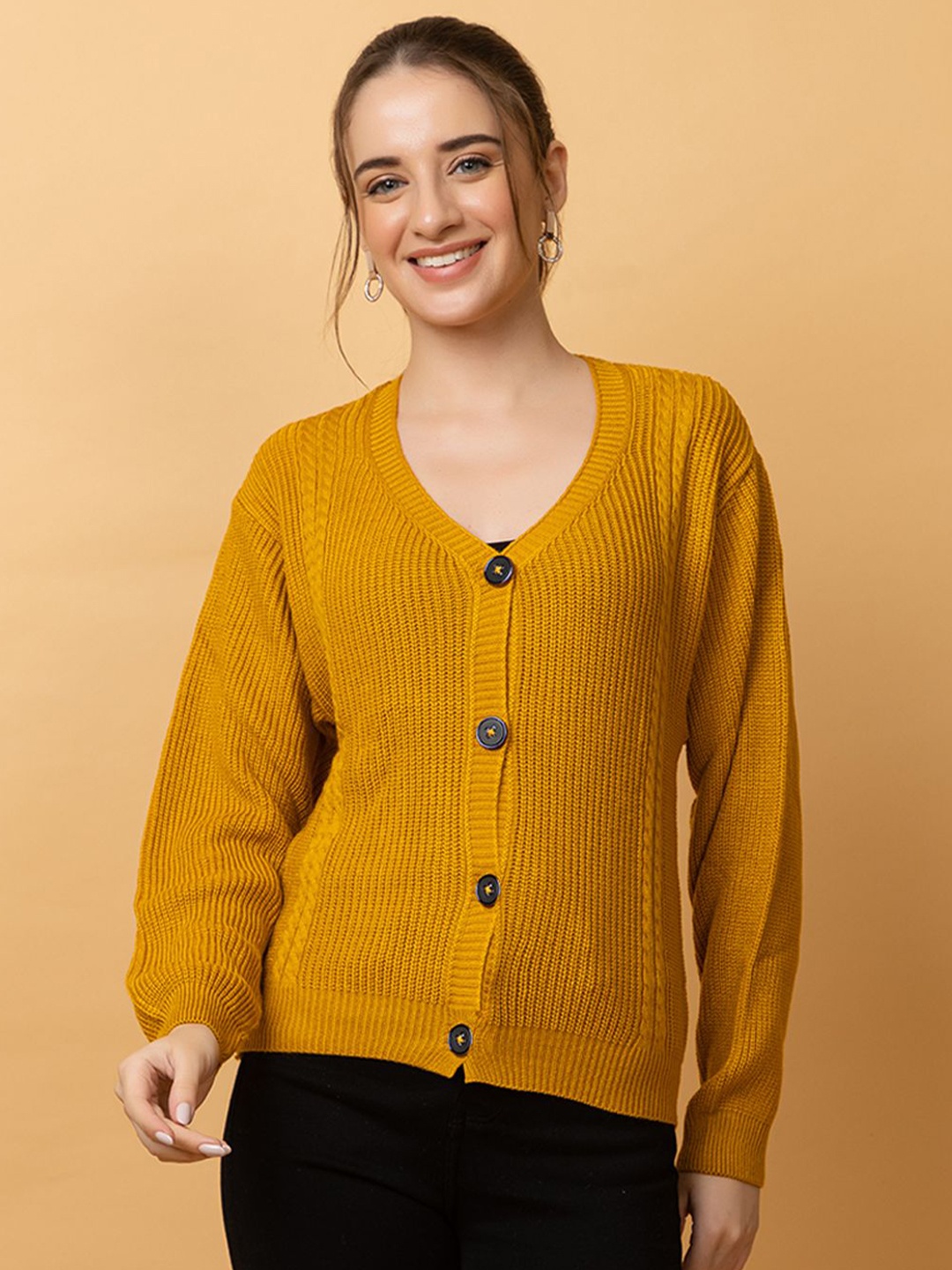 

CLAPTON Women Ribbed Woollen Cardigan, Mustard