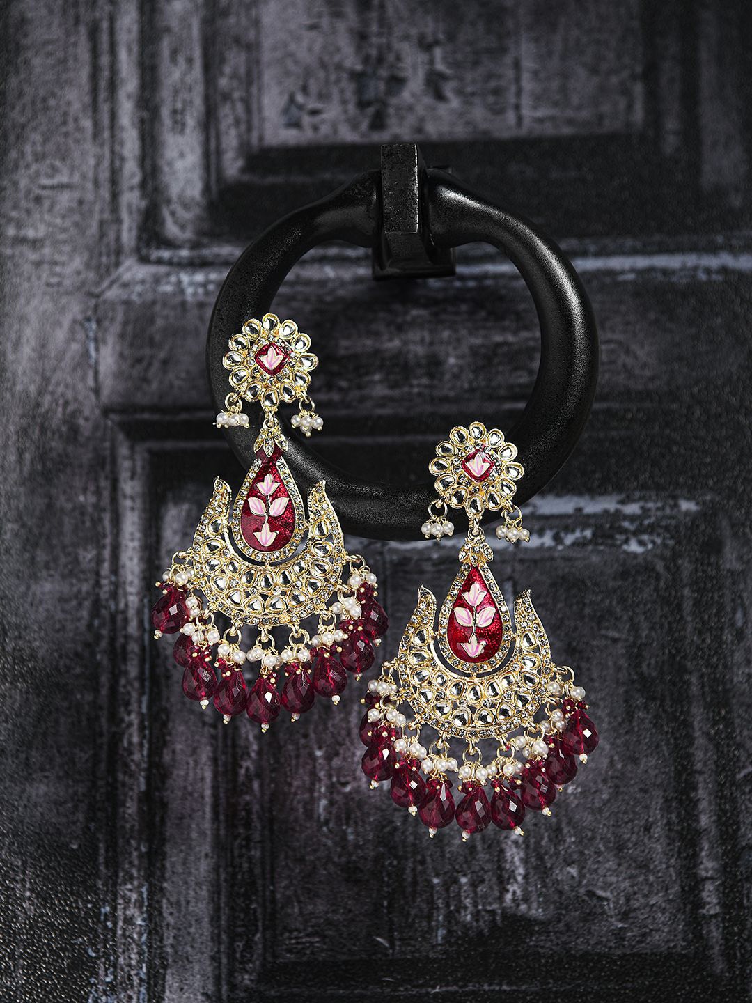 

Kalakrith Milano Kundan Studded Contemporary Meenakari Chandbalis, Red