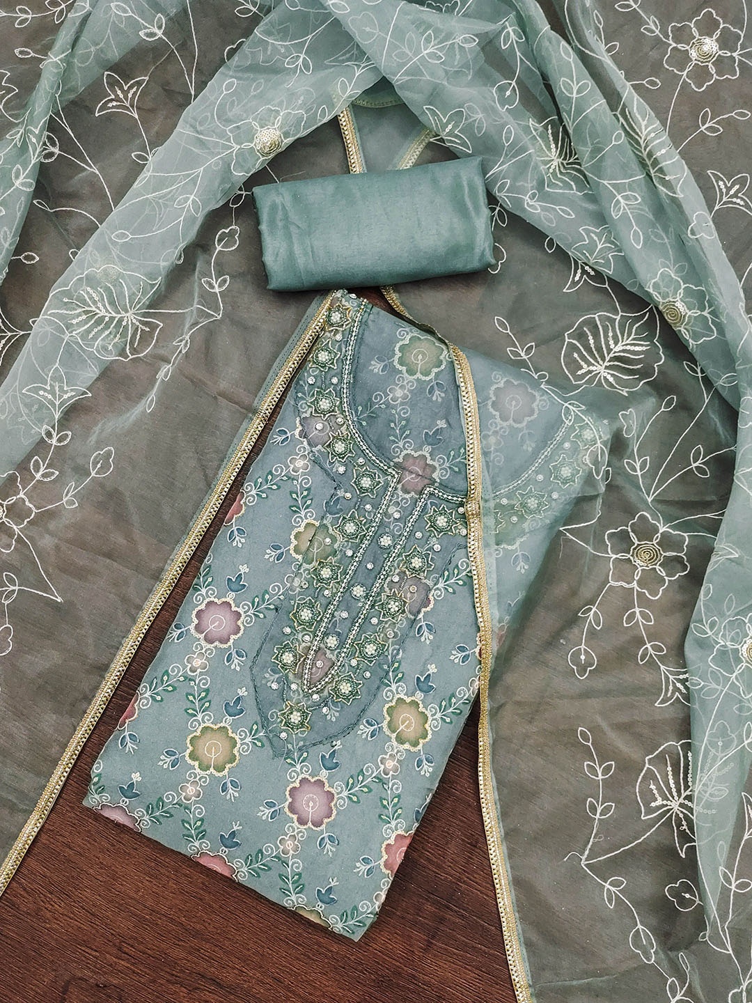 

MANVAA Floral Embroidered Beads and Stones Organza Unstitched Dress Material, Teal