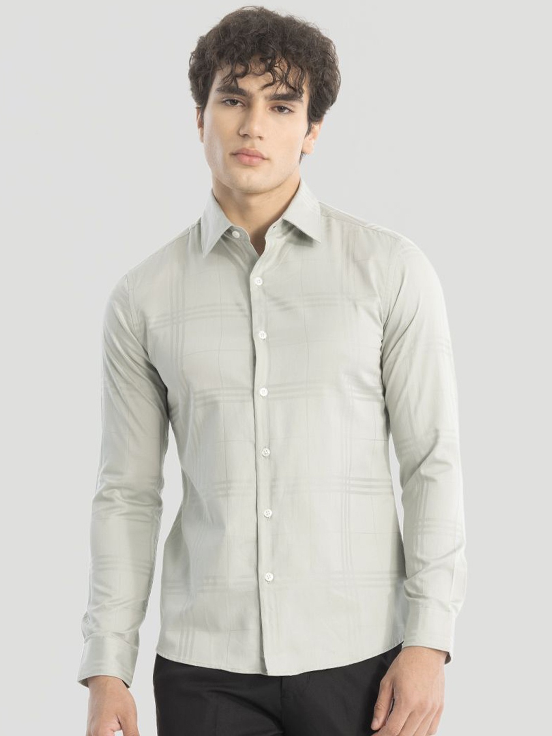 

Snitch Men Smart Slim Fit Opaque Checked Formal Shirt, Grey