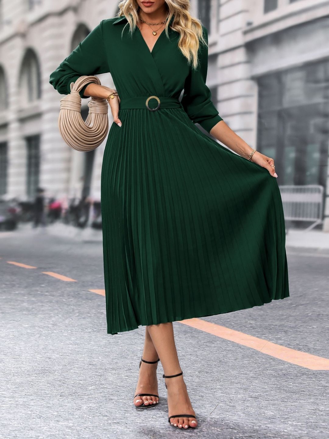 

KPOP Women Solid Shirt Collar A-Line Midi Dress, Green