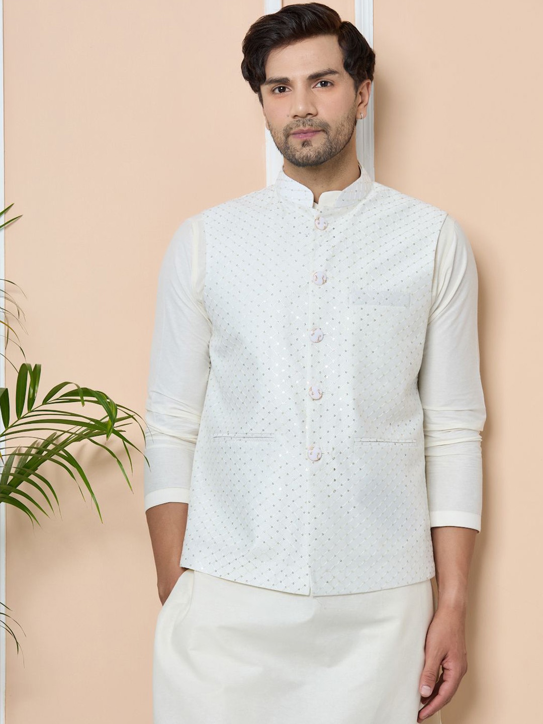 

See Designs Embroidered Pure Cotton Nehru Jacket, White