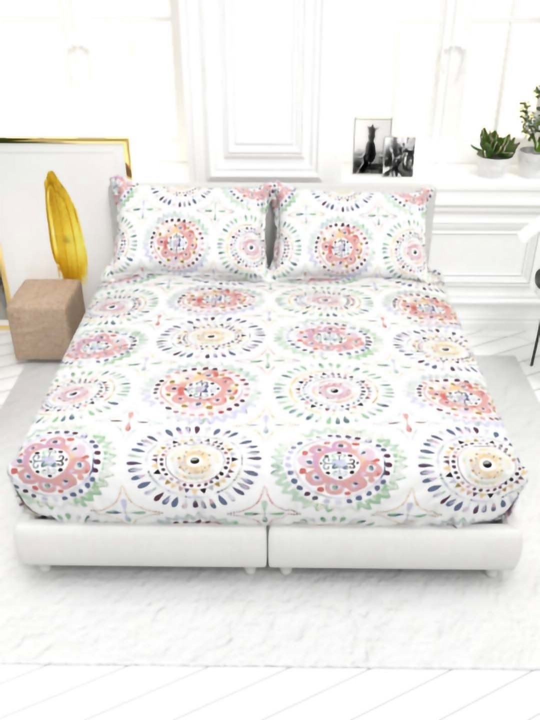 

THE WHITE MOSS White & Pink Ethnic Motifs 130 TC King Bedsheet with 2 Pillow Covers