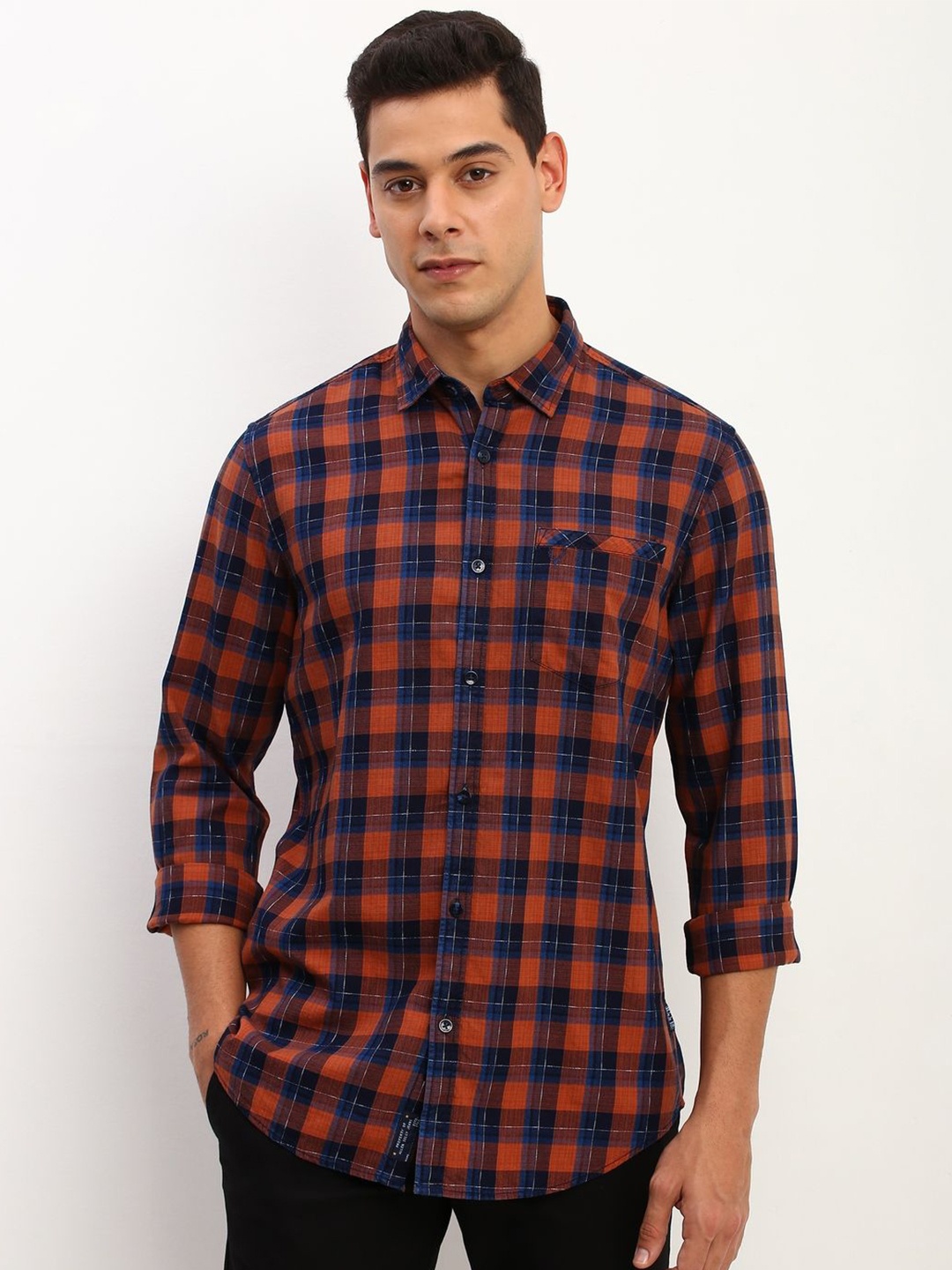 

Allen Solly Men Custom Spread Collar Tartan Checked Cotton Casual Shirt, Orange