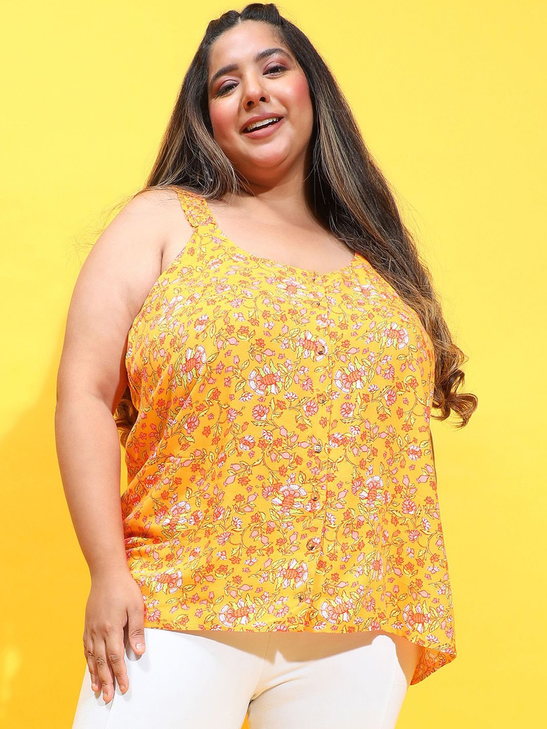 

Oxolloxo Women Plus Size Floral Printed Square Neck Top, Yellow