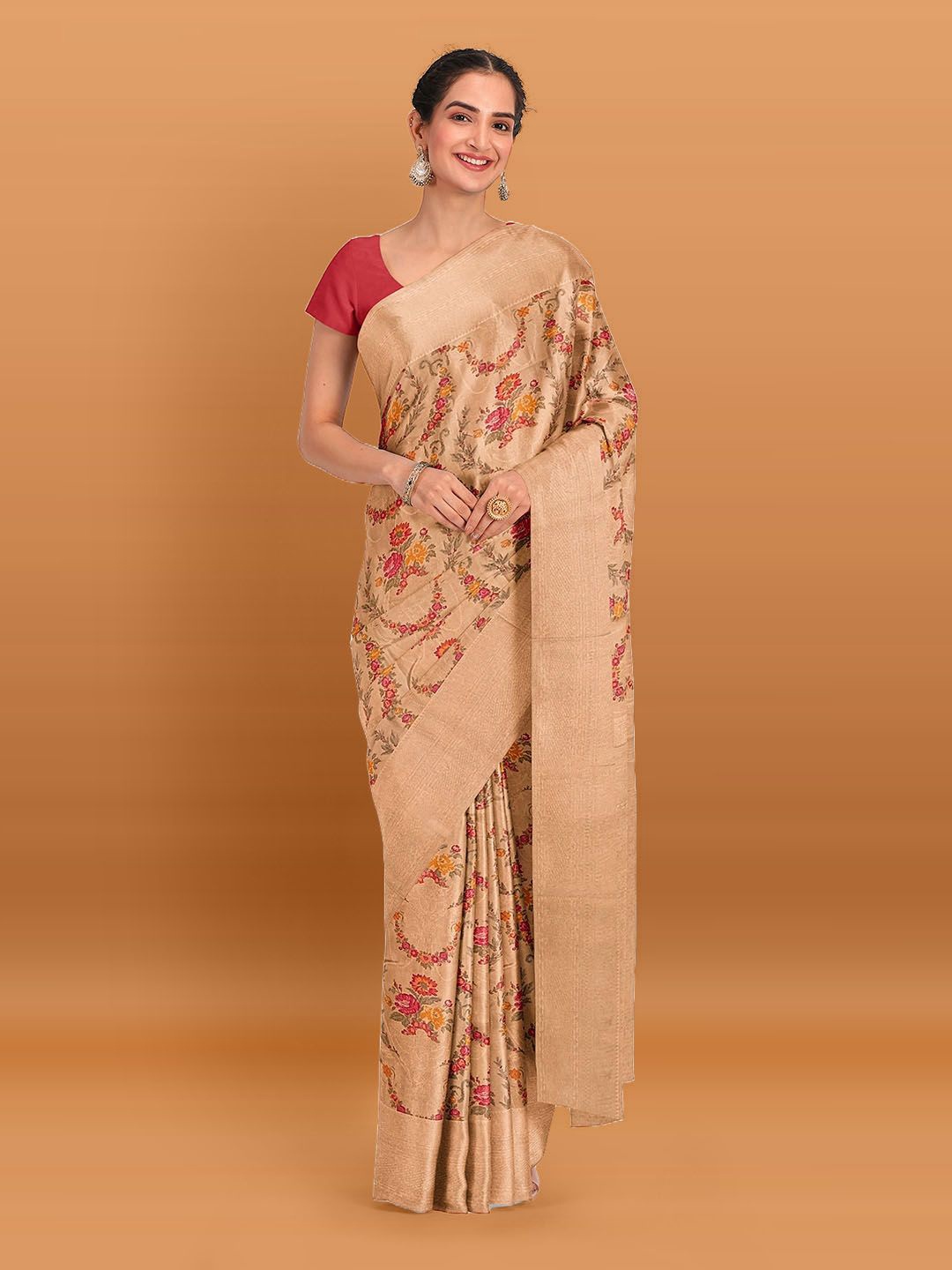 

Meena Bazaar Floral Printed Woven Design Zari Saree, Beige