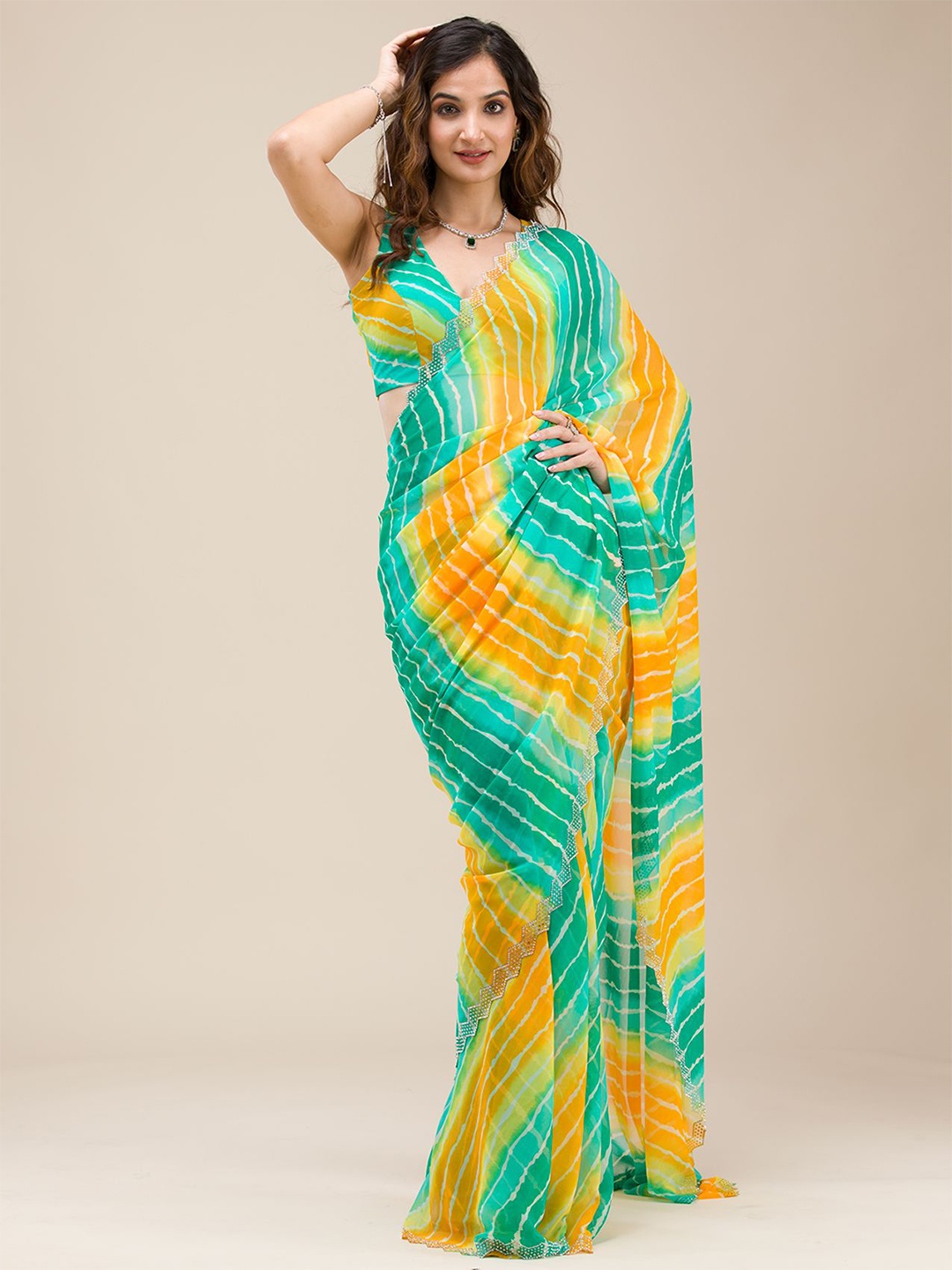 

Koskii Striped Embroidered Pure Georgette Saree, Green
