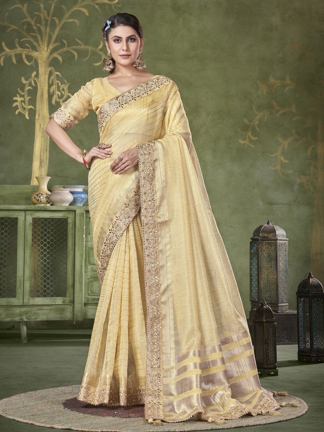 

Mitera Checked Embroidered Saree, Yellow