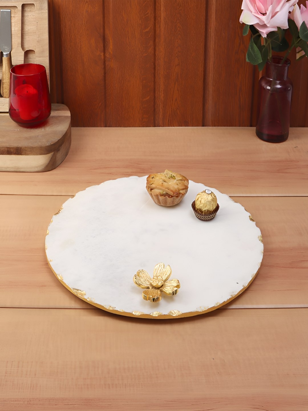 

NikkisPride White Stoneware Round with Gold Foil Work & Metal Flower Embedded Food Platter