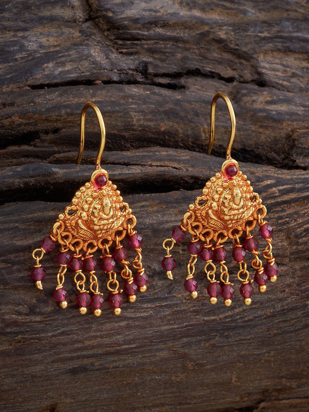 

Kushal's Fashion Jewellery Gold-Plated Triangular Artificial Beaded Drop Earrings, Red