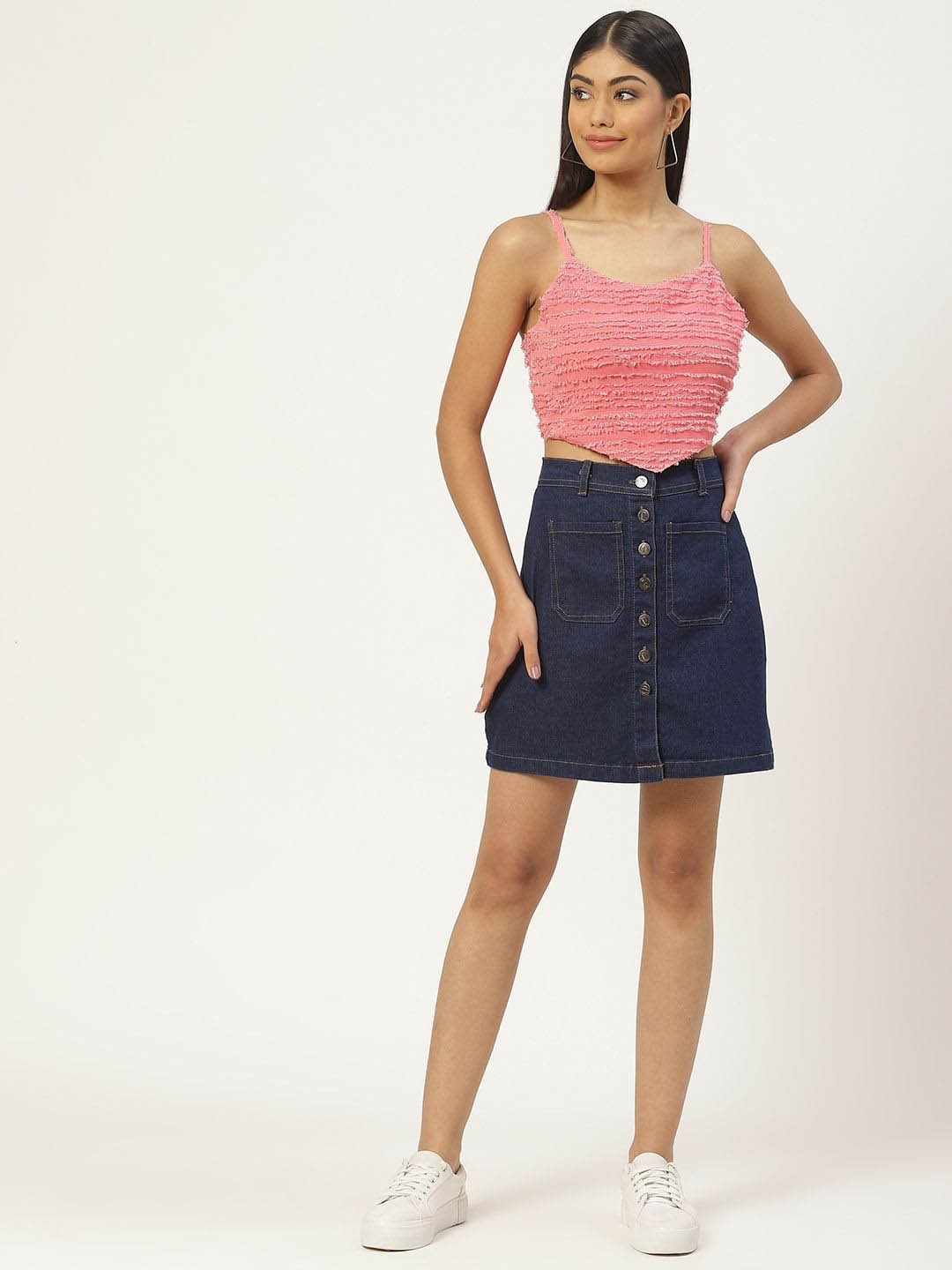 

KPOP Women Self Design Shoulder Straps Top, Pink