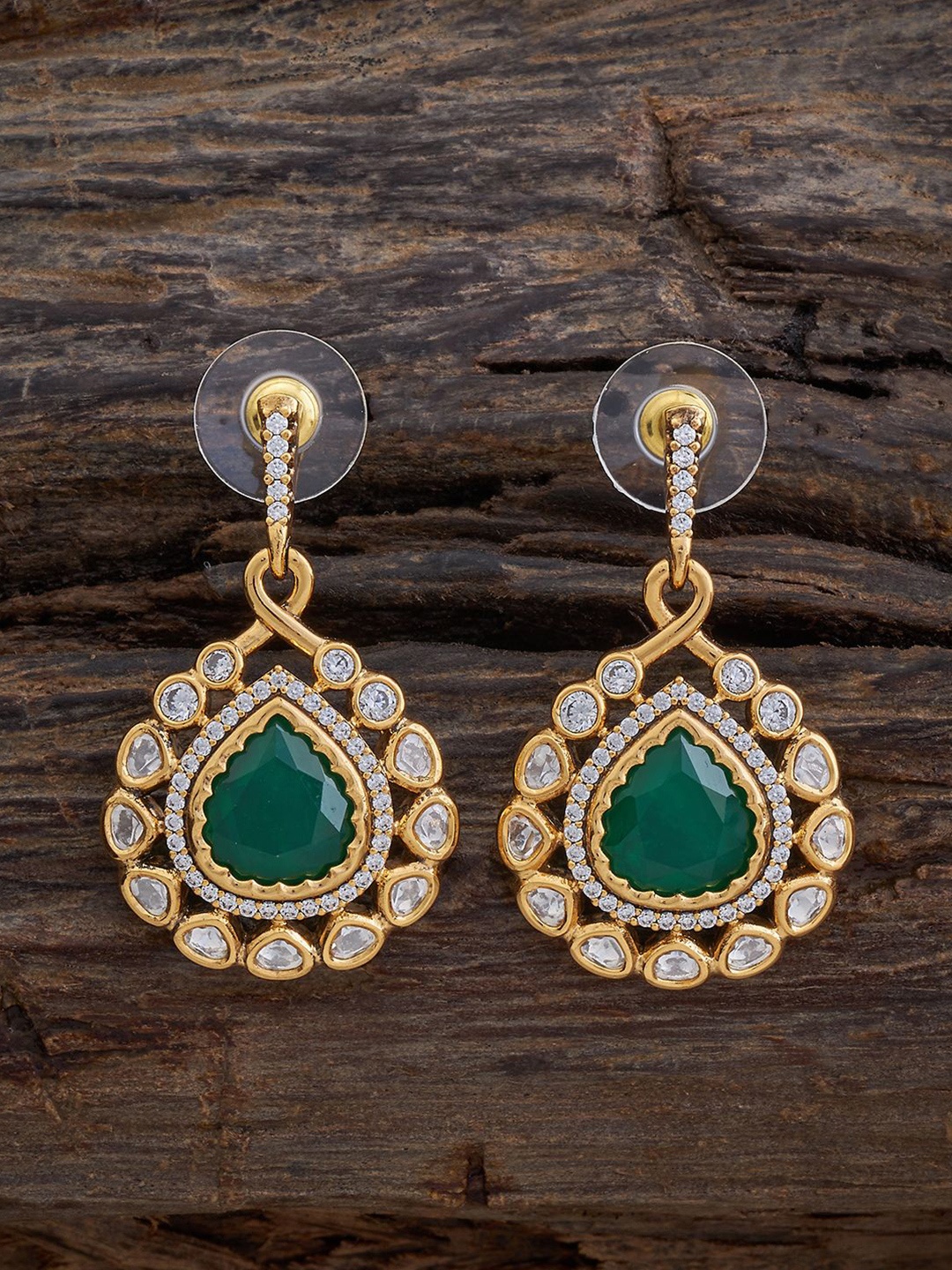 

Kushal's Fashion Jewellery Teardrop Shaped Copper Kundan Stoned Drop Earrings, Green