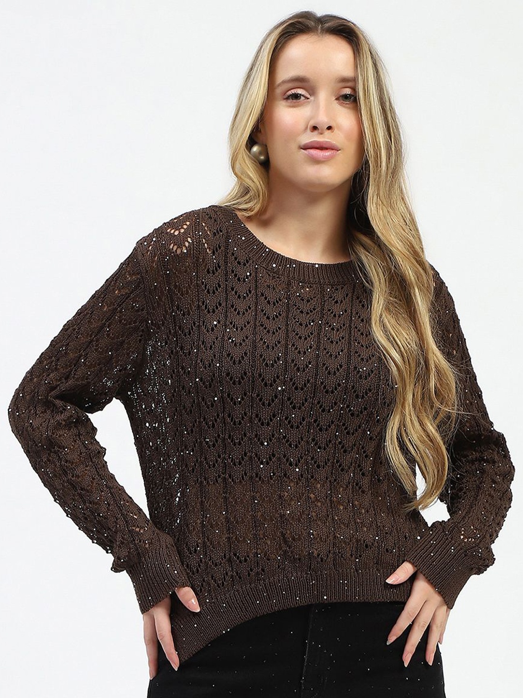 

Madame Women Self Design Round Neck Top, Coffee brown