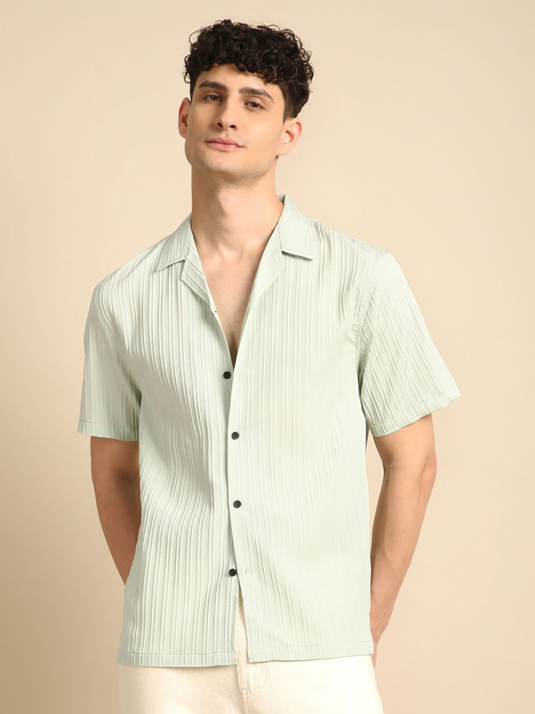 

Voroxy Men Smart Cuban Collar Textured Polycotton Casual Shirt, Olive