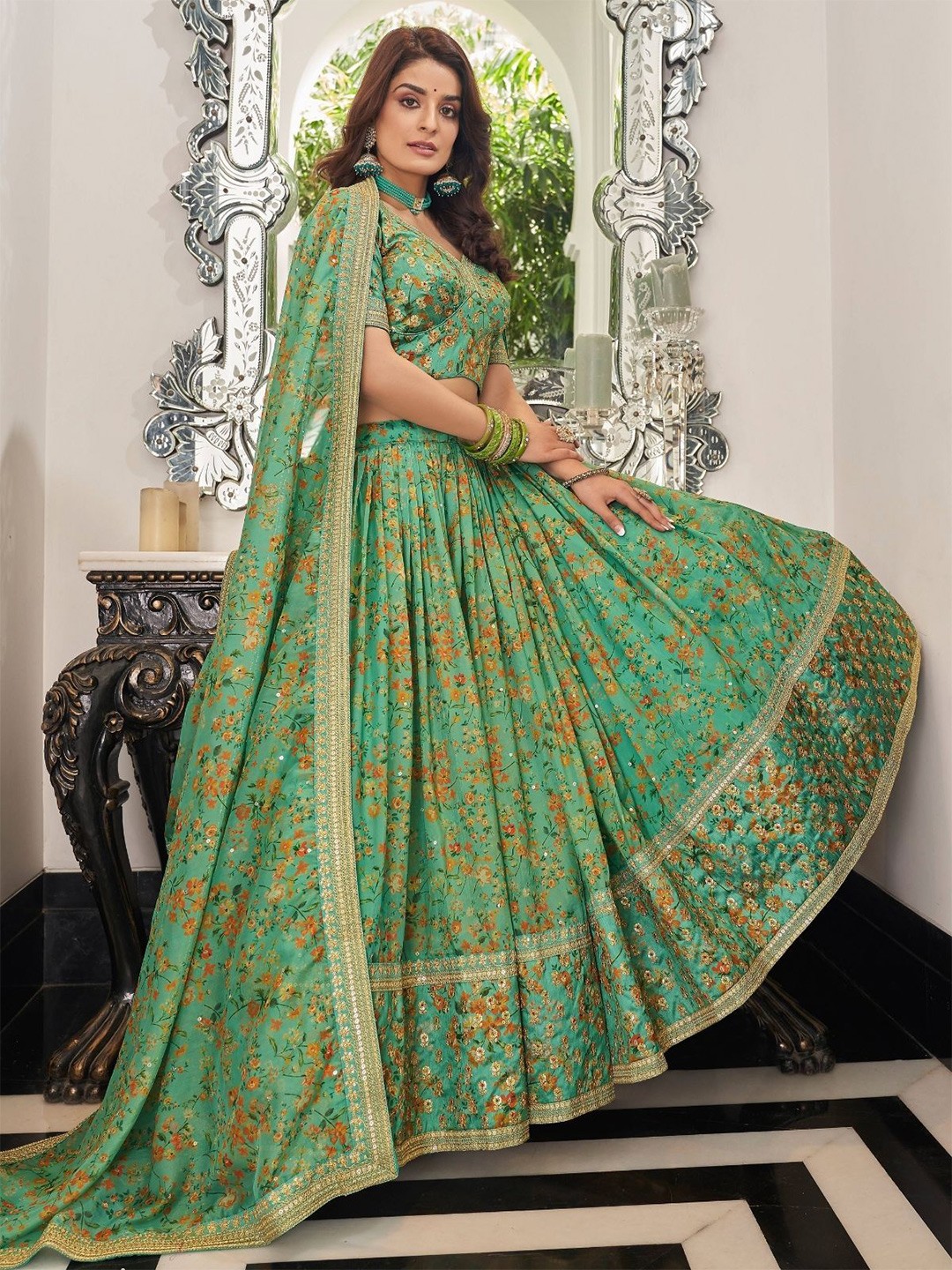 

ODETTE Embroidered Sequinned Semi-Stitched Lehenga & Blouse With Dupatta, Green