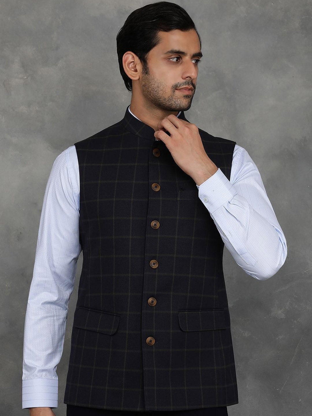 

JADE BLUE Men Checked Tailored Jacket, Navy blue