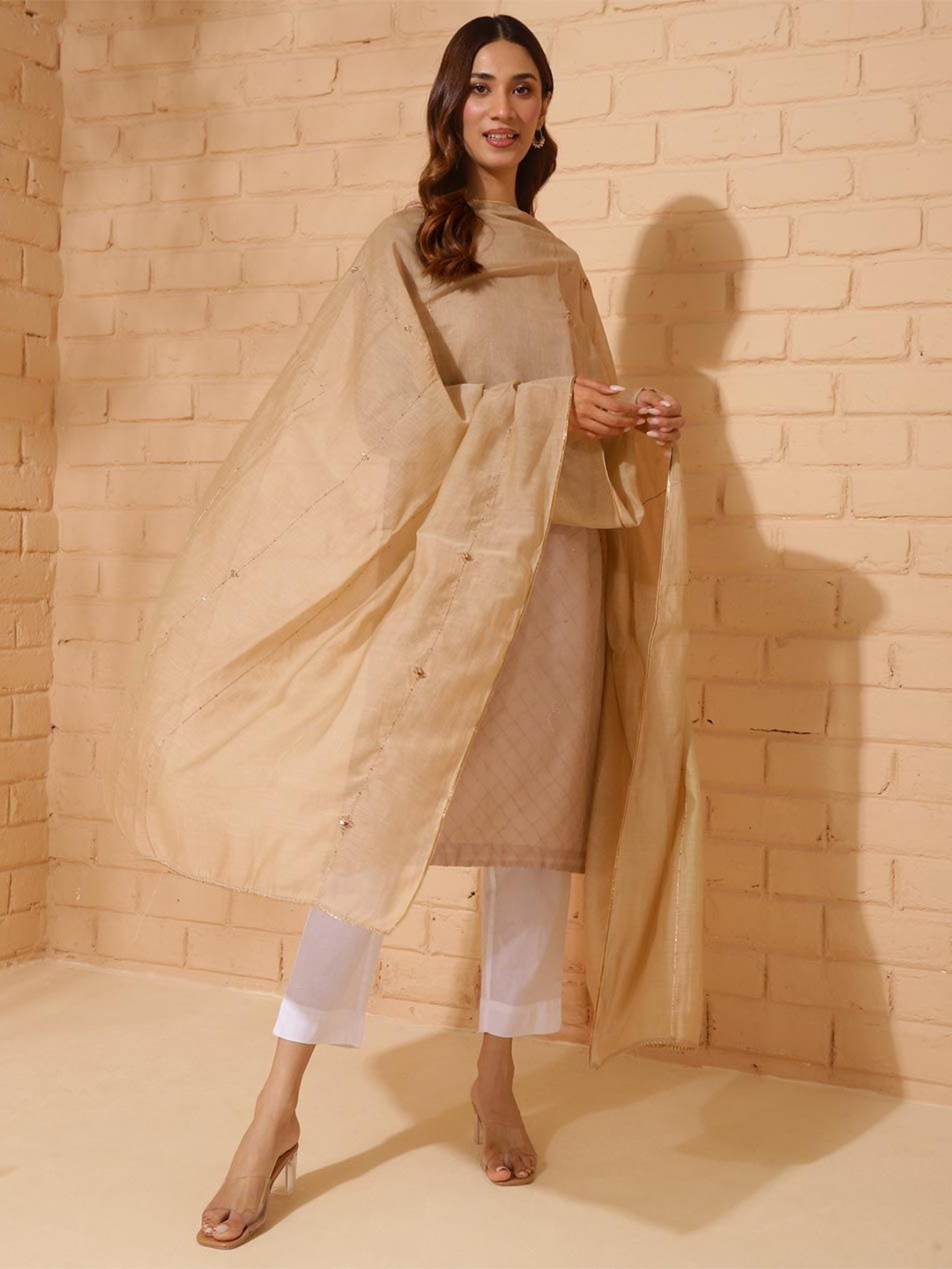 

Fabindia Ethnic Motifs Embroidered Cotton Silk Dupatta With Gotta Patti, Beige