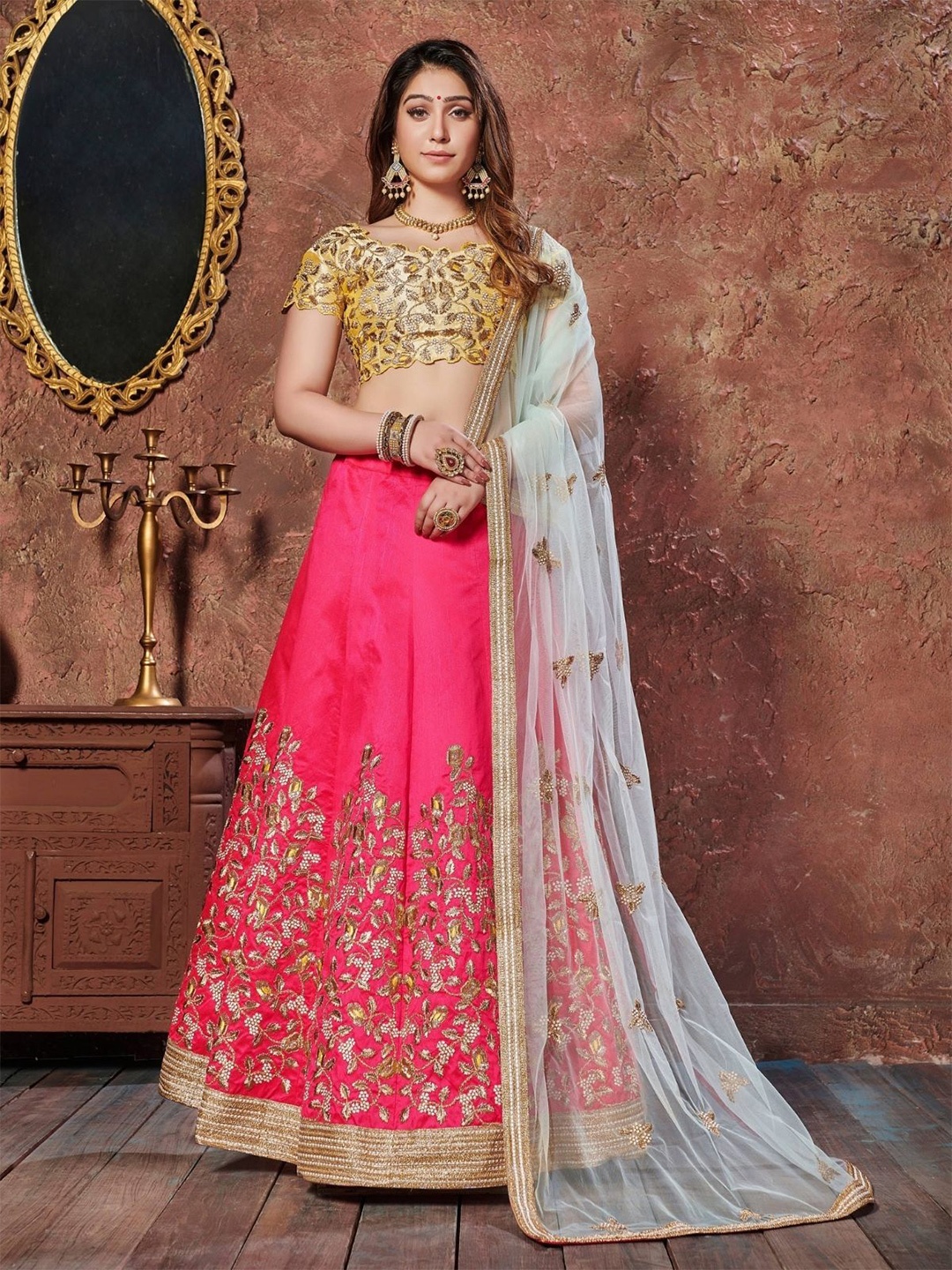 

ODETTE Embroidered Semi Stitched Lehenga & Blouse With Dupatta, Yellow
