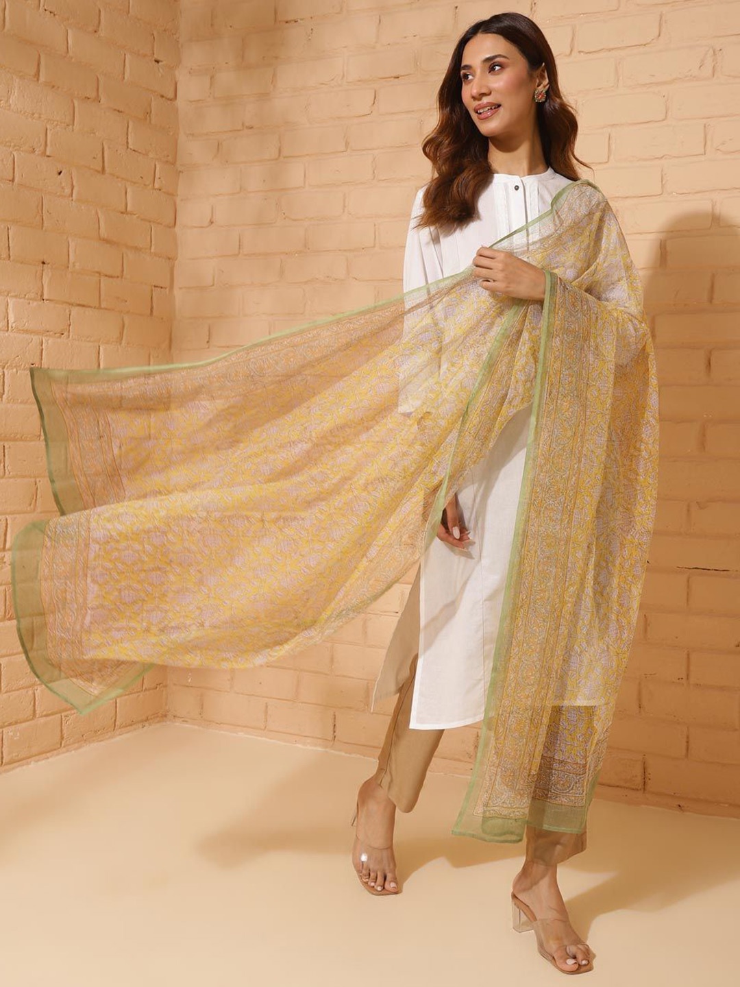 

Fabindia Ethnic Motifs Printed Cotton Silk Dupatta, Yellow
