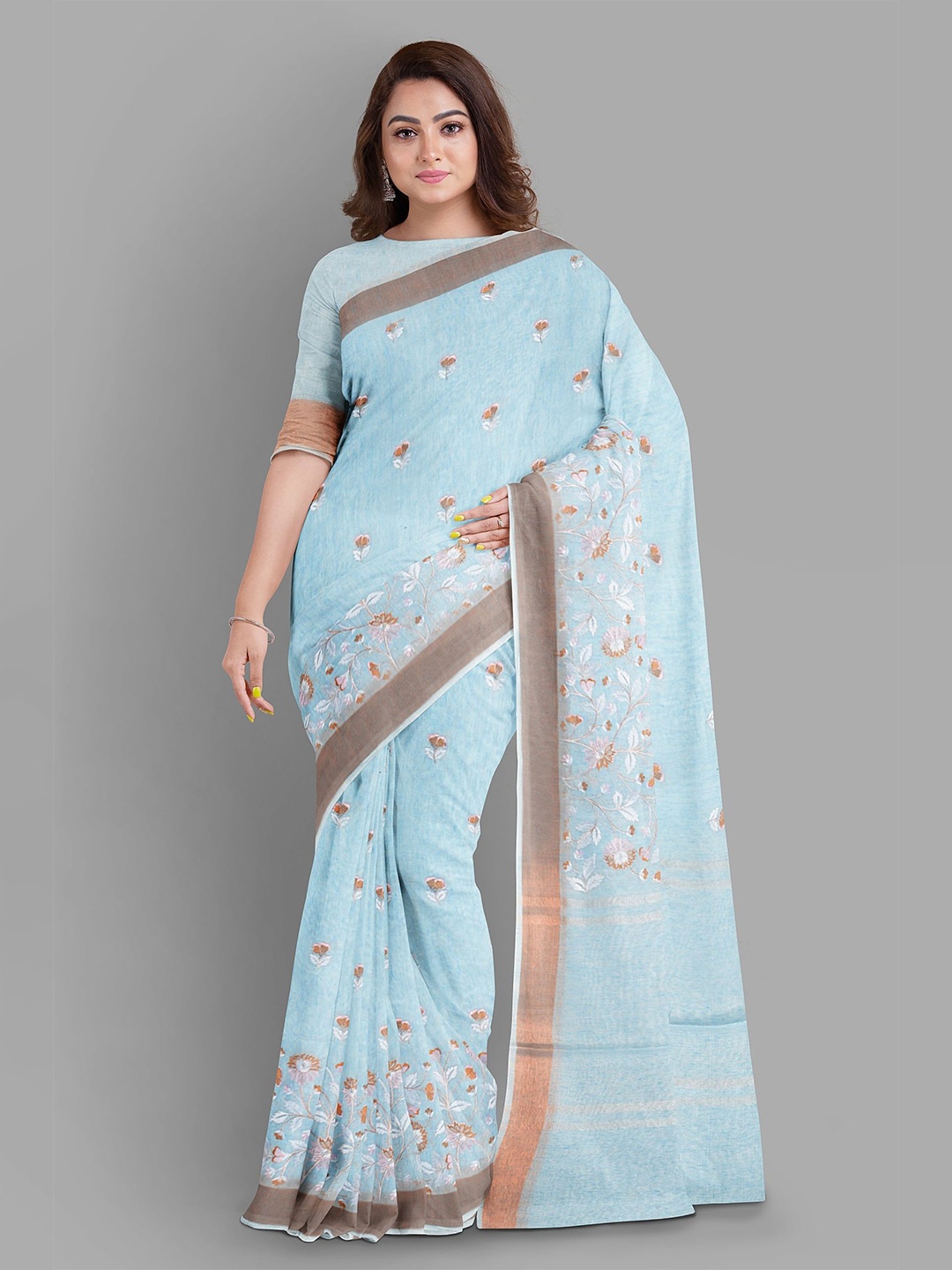 

The Chennai Silks Floral Embroidered Jute Cotton Saree, Blue