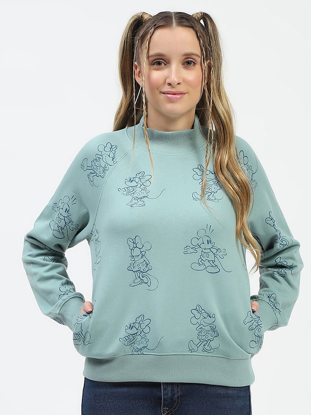 

Madame Women Graphic Printed High Collar Cotton Pullover Sweatshirt, Green