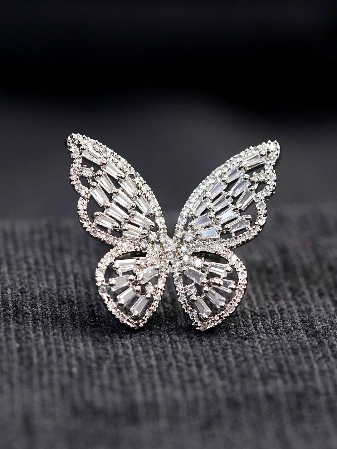 

Zoey Silver-Plated American Diamond-Studded Butterfly Shaped Adjustable Finger Ring