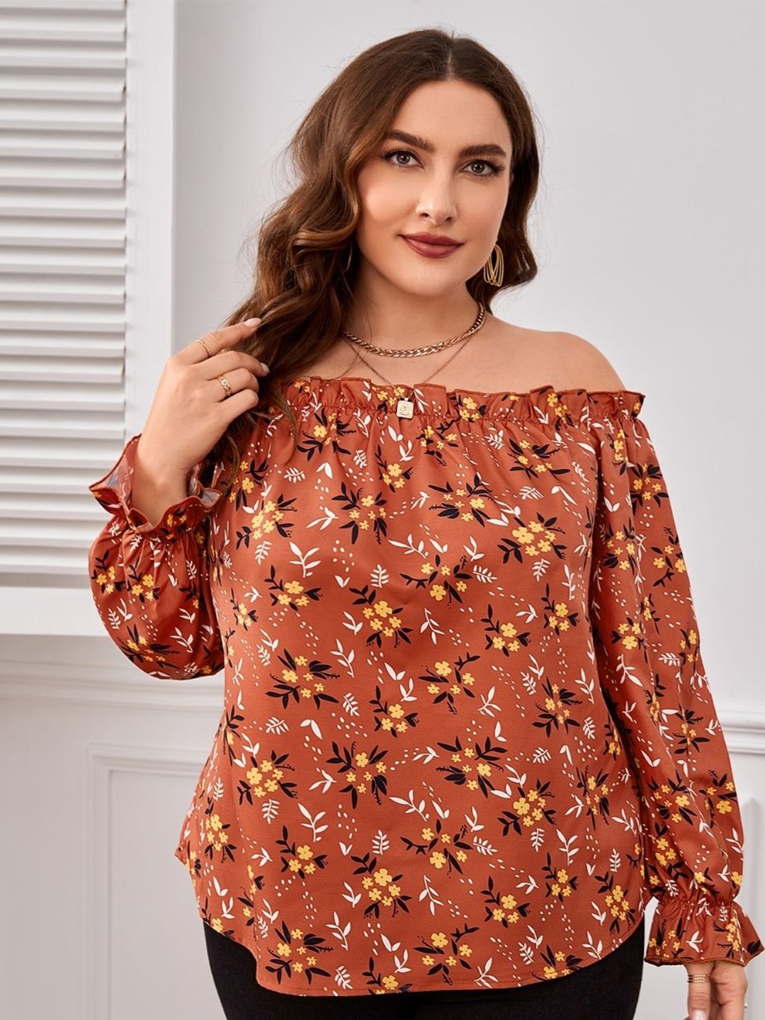 

KPOP Women Plus Size Floral Printed Off-Shoulder Top, Brown