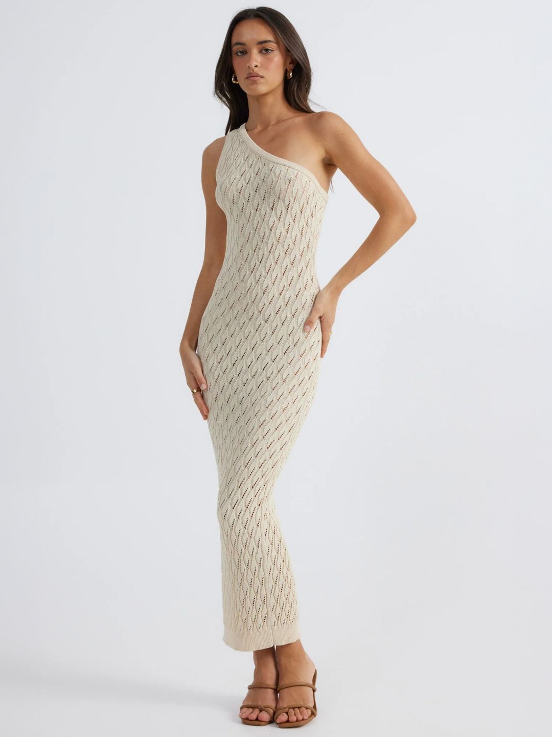 

KPOP One Shoulder Bodycon Maxi Dress, Cream
