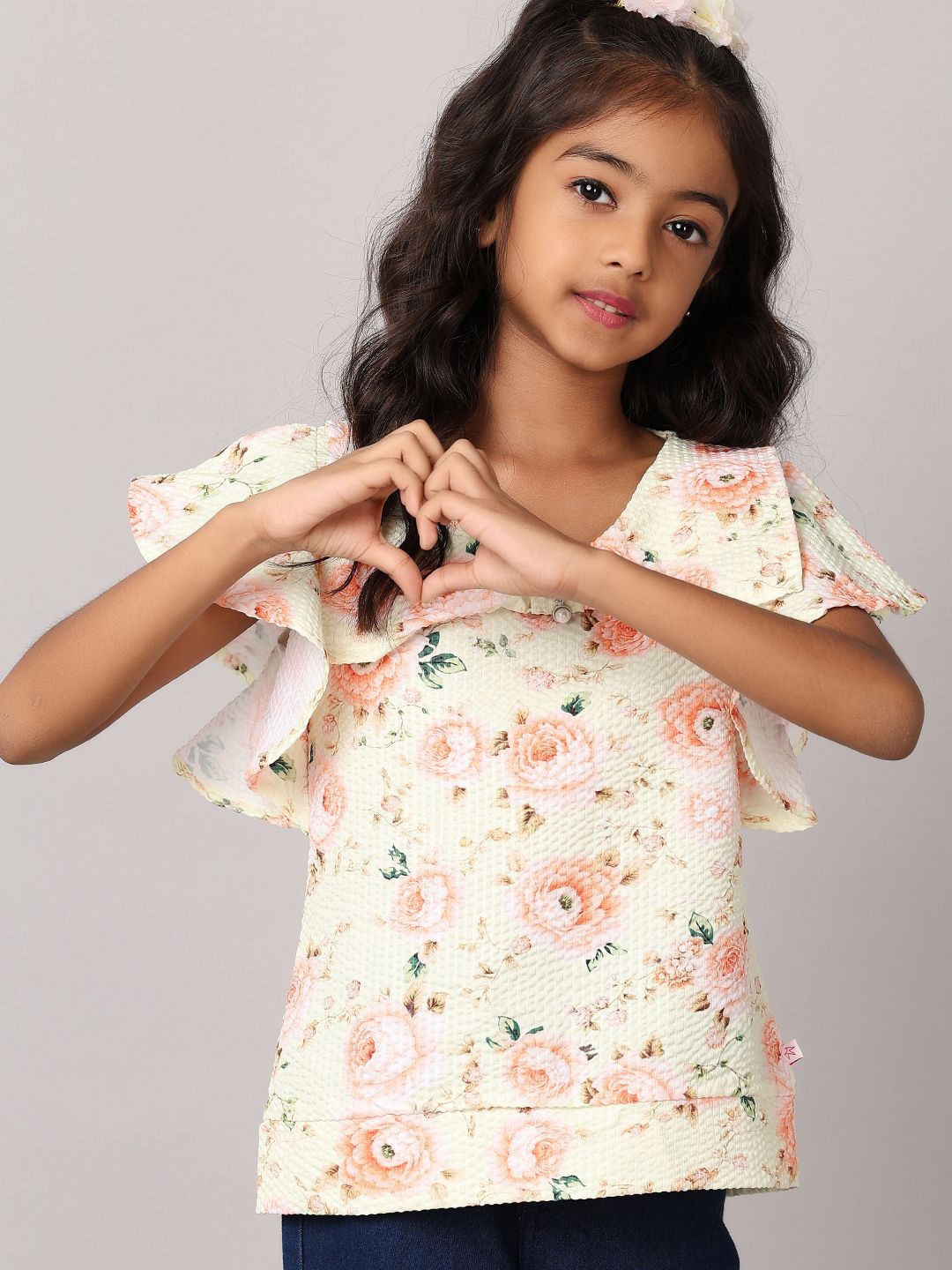 

V-Mart Girls Floral Printed Round Neck Cotton Top, Yellow