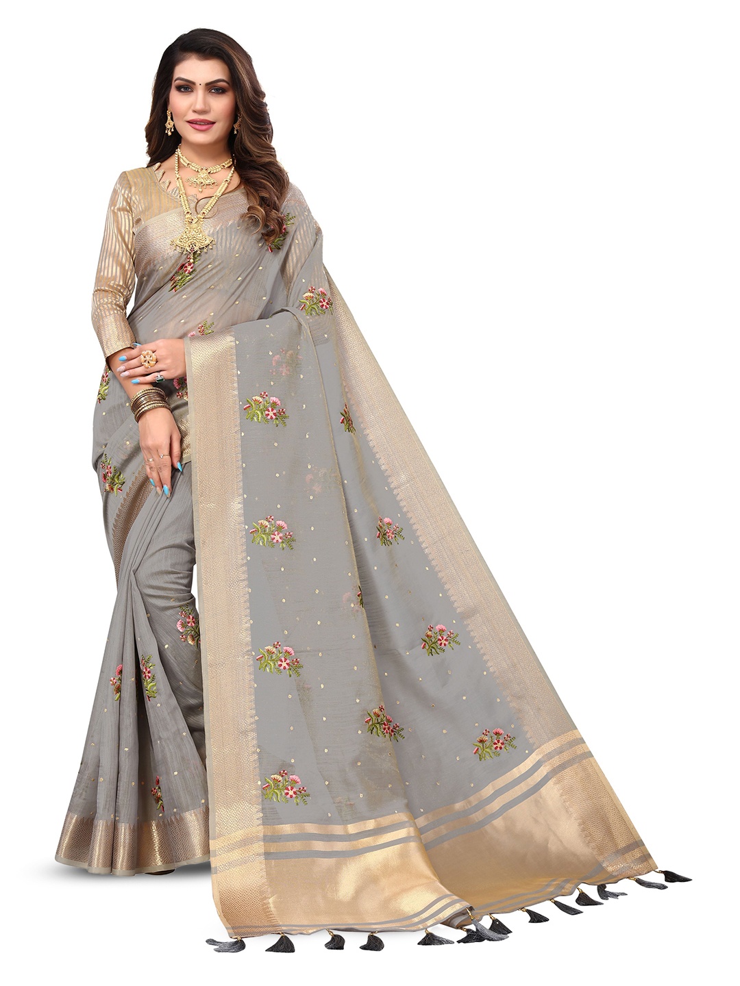 

VIRICA Floral Embroidered Woven Design Saree, Grey