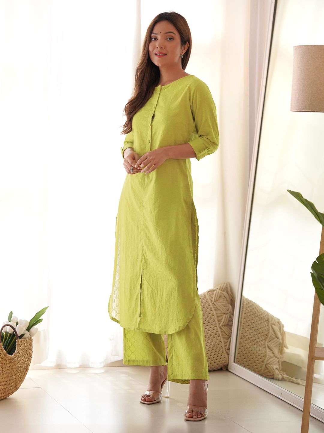 

Janasya Self Design Pure Cotton Tunic With Trousers, Green