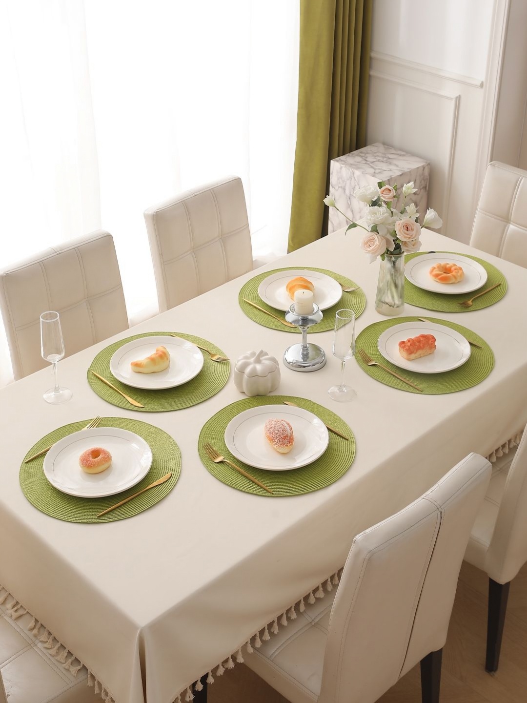 

HOKIPO 6-Pcs Lime-Green Textured Round Table Placemats