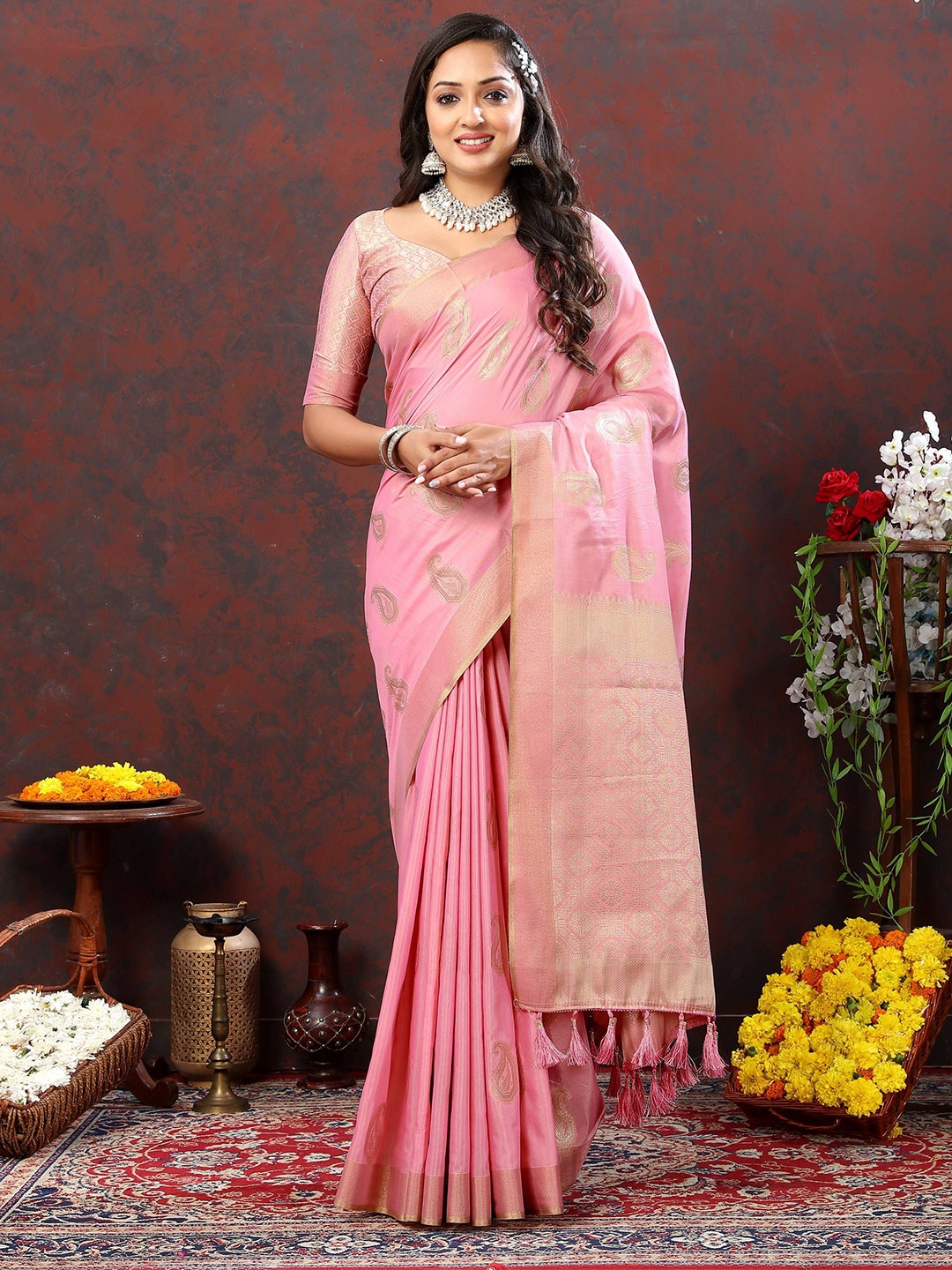 

Zeekha Woven Design Zari Pure Silk Kanjeevaram Saree, Pink